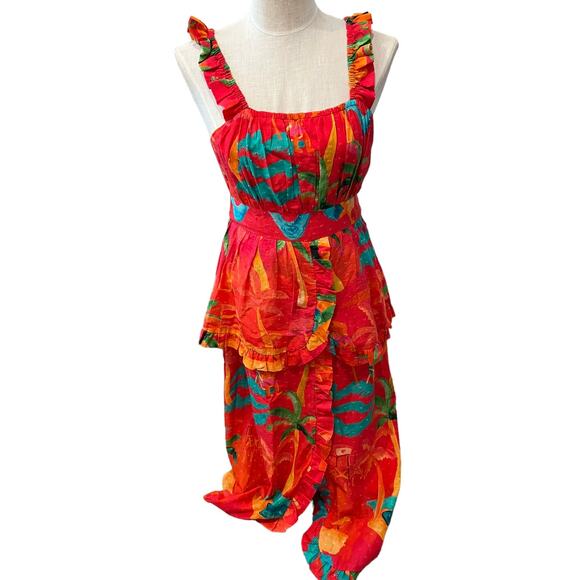Farm Rio Ipanema Midi Ruffle Dress Red Tropical Print S - Picture 2 of 12